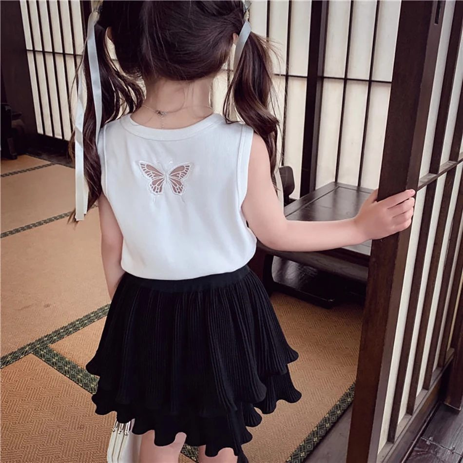

2025 Summer Casual Girl Ice Silk Cool Tank Top Girls Clothes Baby Sleeveless T-shirt Kids Hollow Out Butterfly Pattern Vest Tops