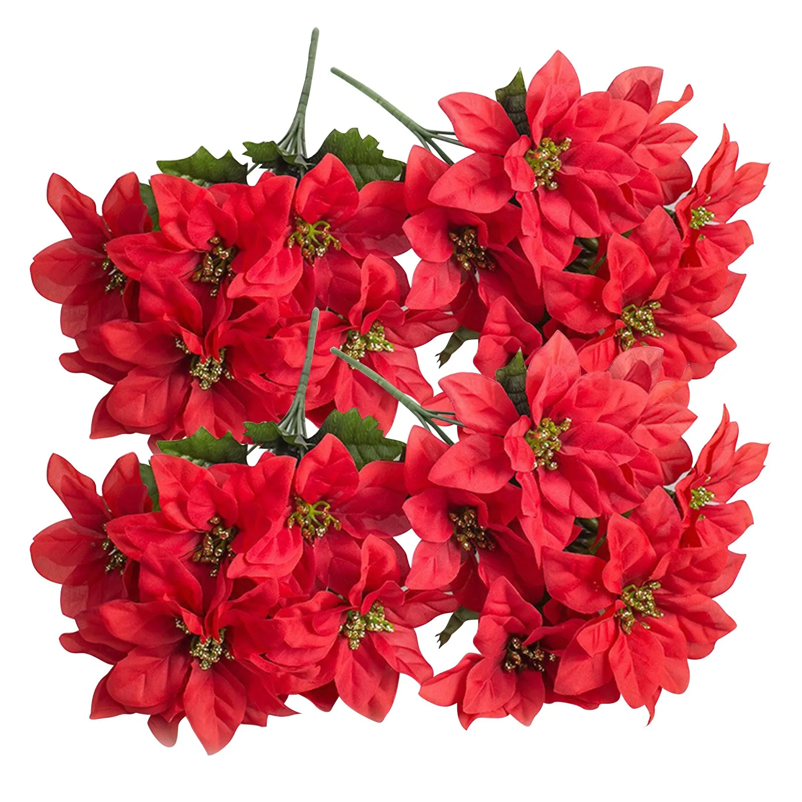 4 Stück künstliche Weihnachtsstern-Büsche, künstliche 7 Köpfe, Seiden-Weihnachtsstern, künstliche Weihnachtsblume, roter Weihnachtsstern-Blumenstrauß