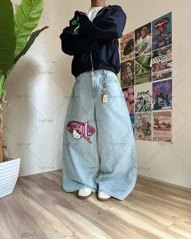 American Baggy Washed Jeans 레트로 하라주쿠 만화 프린트 스트레이트 셔츠 레깅스 바지 남성 캐주얼 루즈 힙합 streetwear 여성