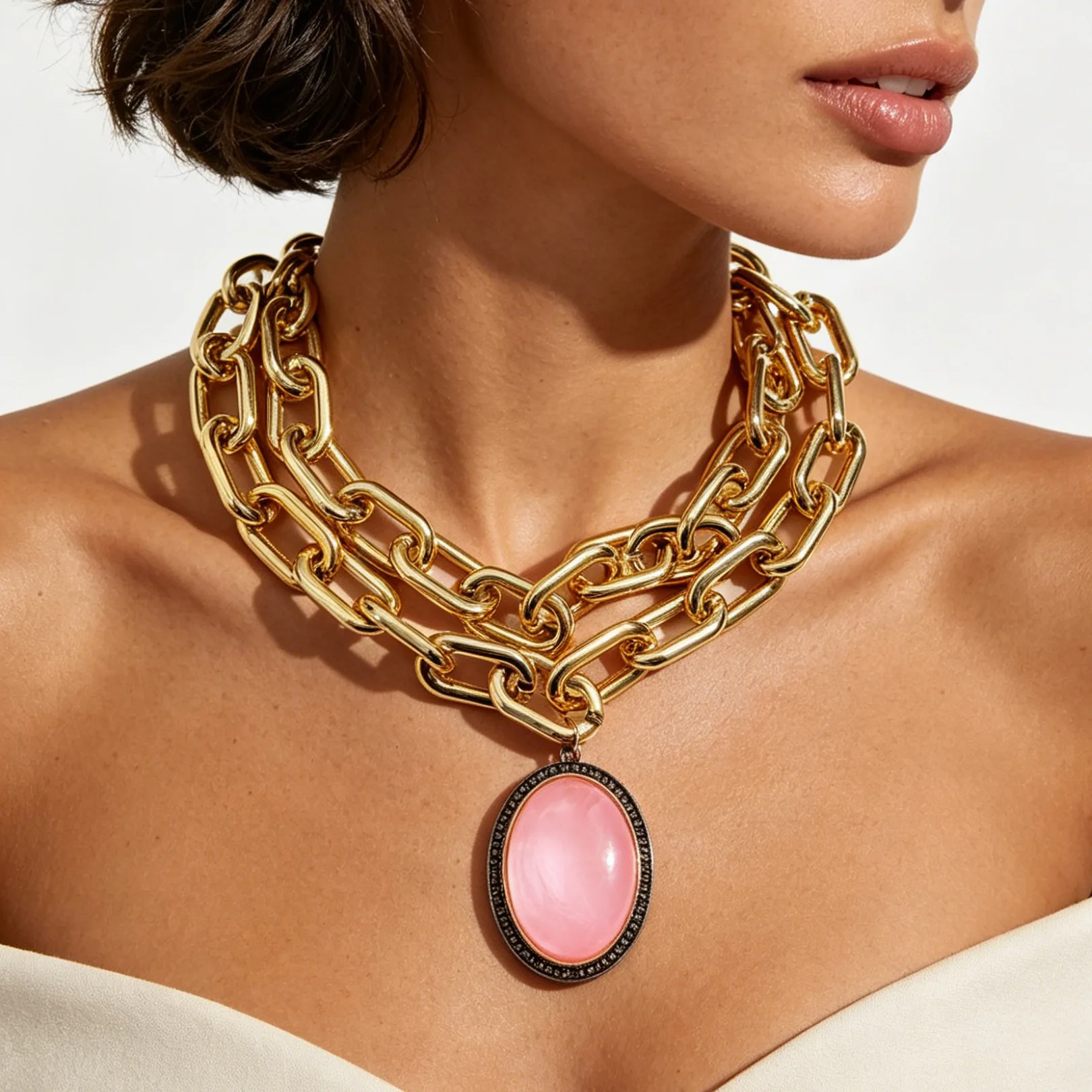 Collar de eslabones gruesos dorados para mujer con colgante de gema morada ovalada grande, cadena resistente estilo punk, collares llamativos