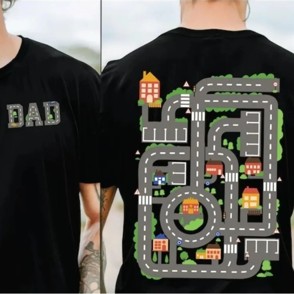 Dad's Car Track T-Shirt Cars on Daddy's Back Funny Father Gift Tee Men Summer Daily Life Casual Crewneck Cotton Short Sleeve