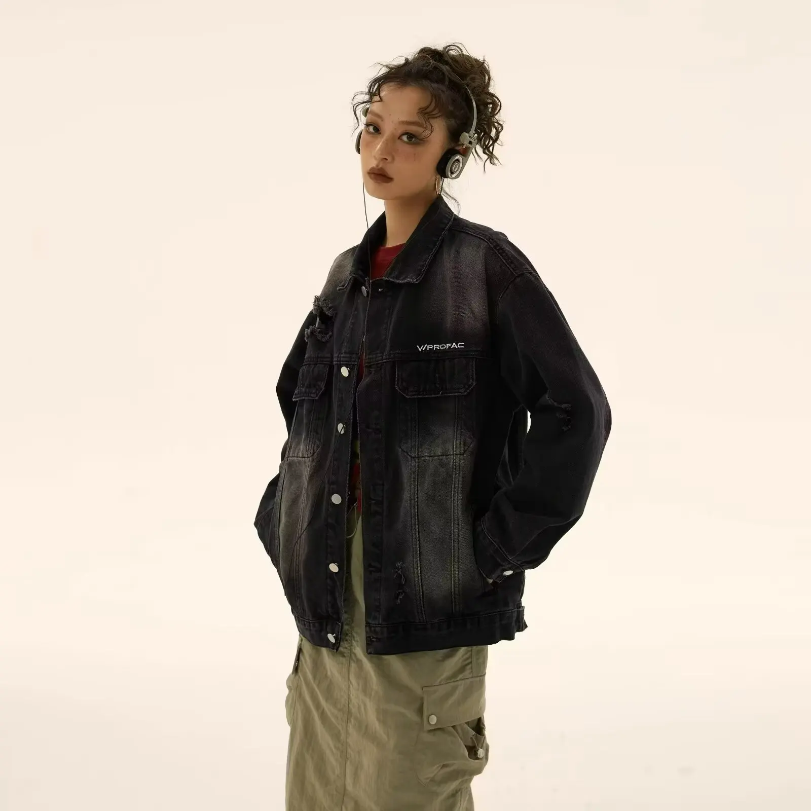 

American High Street Casual Denim Jaet ex Spring Autumn Trendy Brand Loose Youth Outerwear Stand Fit Long Sve