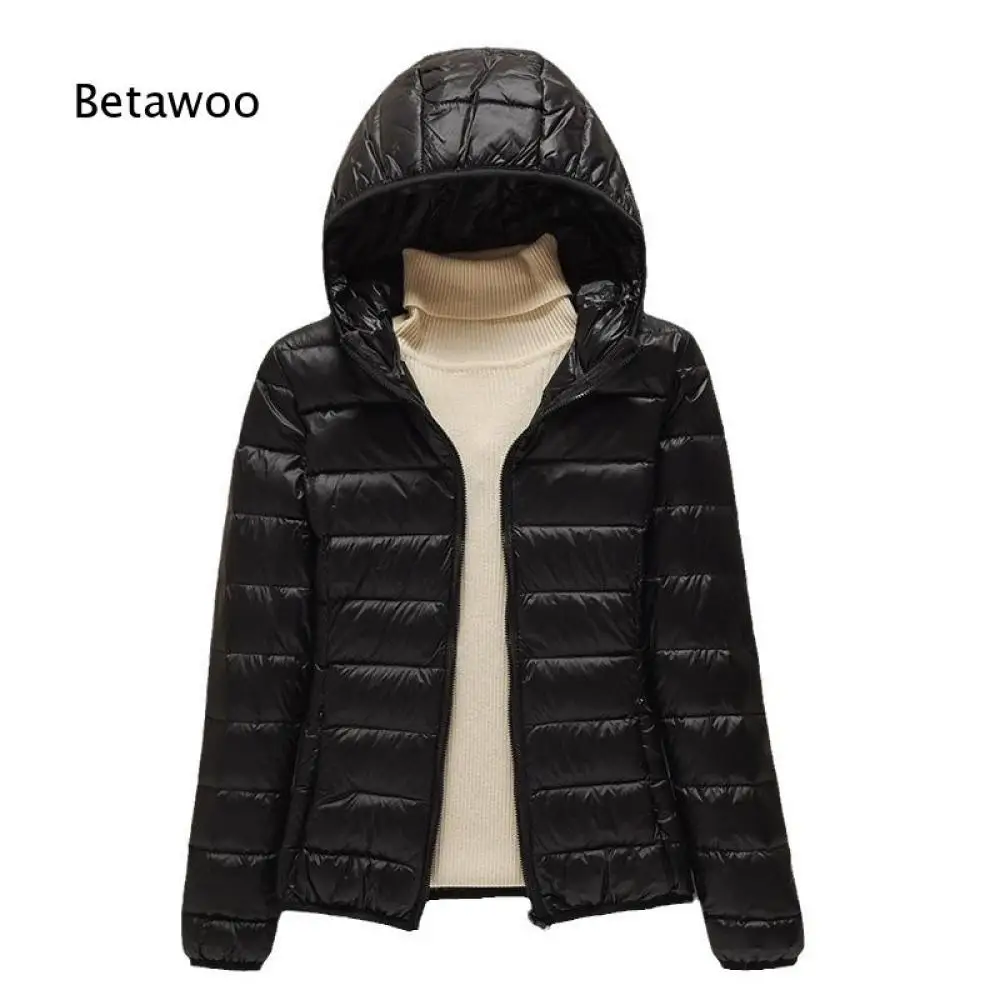 Womens Hooded Horizontal Quilted Down Jacket Long Sleeve Zip Front Slim Fit Outerwear Light Warm Coat For Casual Daily Looks