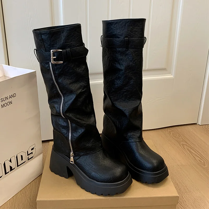 

Women's High Boots Designer High Heels Zipper Leather Shoes 2025 Fashion Goth Motorcycle Boots New Trend Knee High Mujer Botas