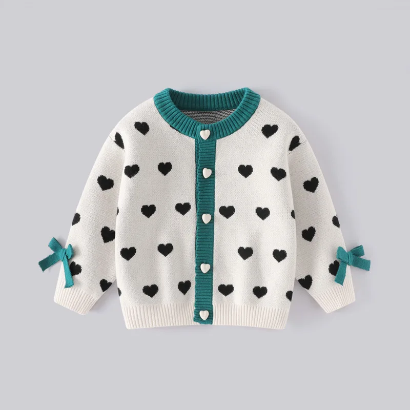 Autumn Winter Baby Girls Sweater Coat Loose Love Printed Round Collar Infant Girls Cardigan Suit Knotbow Toddler Girls Knitwear