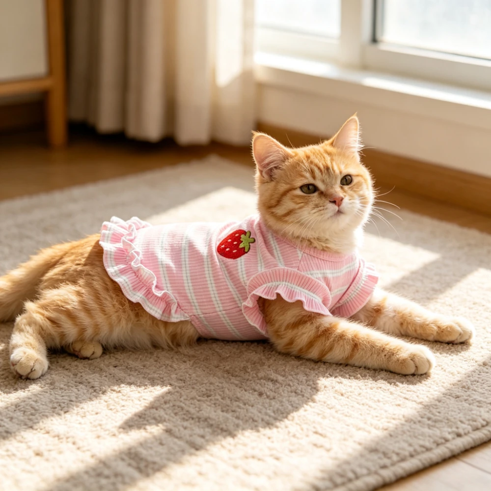 Erdbeer-Besticktes Gestreiftes Hundekleid mit Rüschensaum Niedliche Haustier-Weste für Kleine Hunde und Katzen – Detail 1