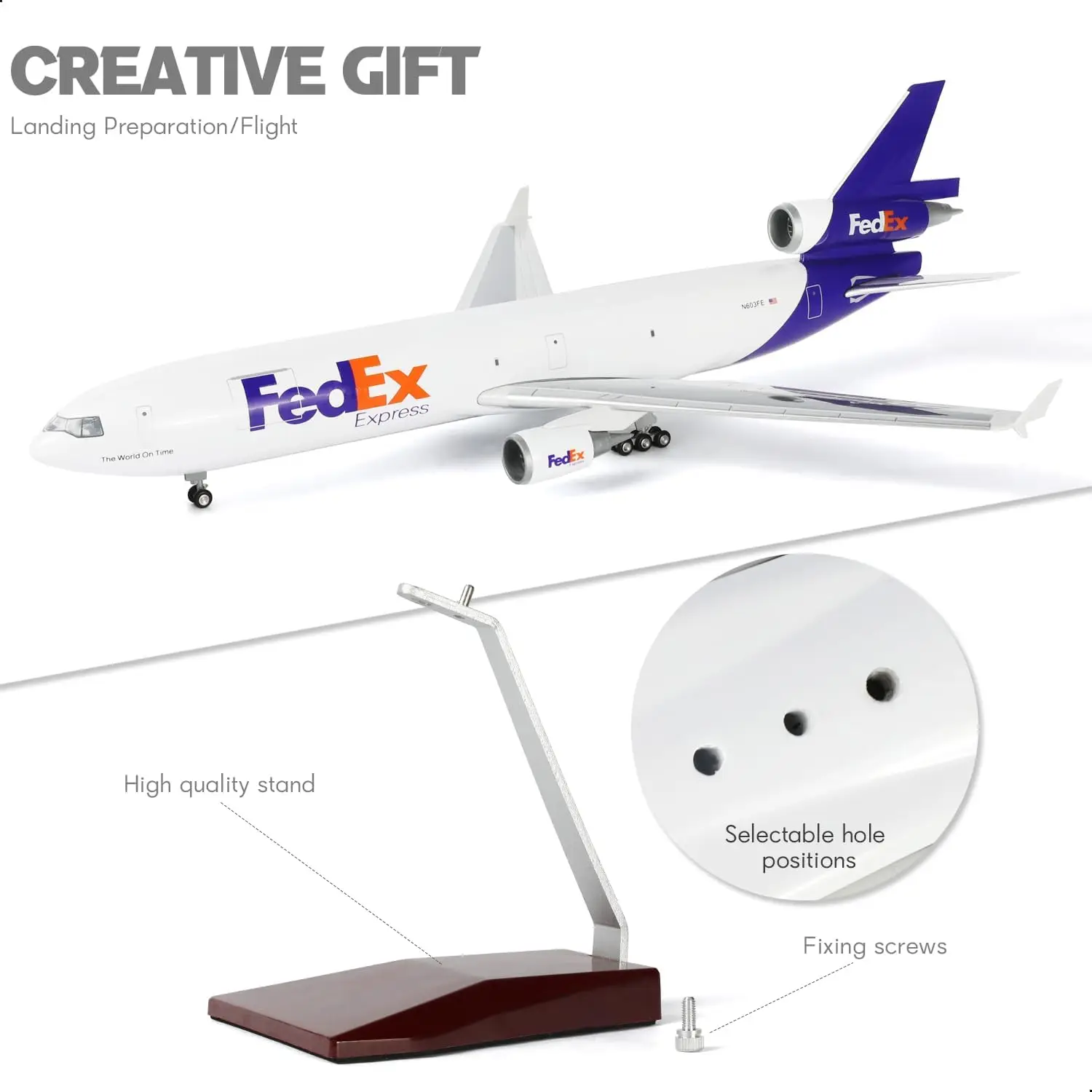 

Масштабная модель самолета FedEx MD-11 (1:130) с подставкой, сувенир для взрослых, подарок для любителей авиации, декор для дома или офиса