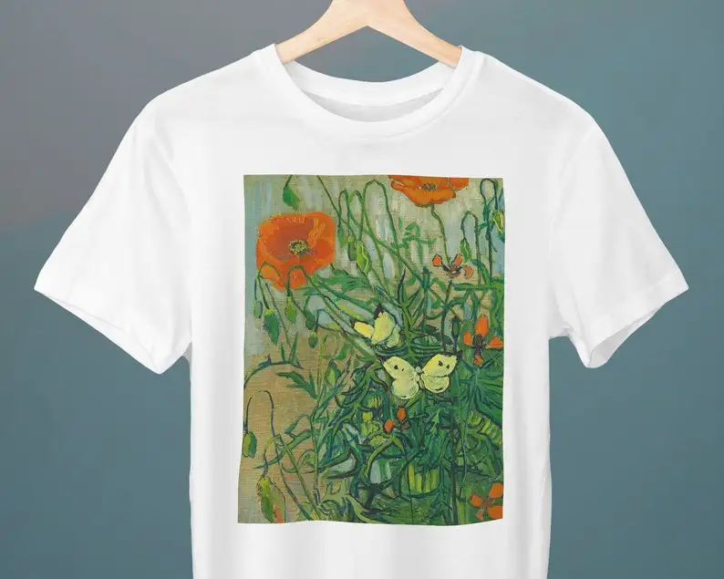 Butterflies and Poppies, Vincent van Gogh Painting, Unisex T-Shirt, Floral, Flower T-Shirt, Gift for Her, Gift for Him