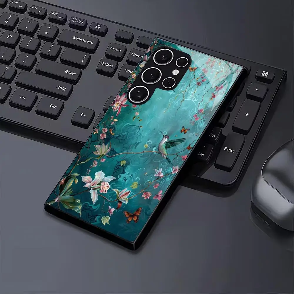 Bird Song Flower Fragrance Tempered Glass Phone Case Suitable for Samsung Galaxy S26 S25 S24 S22 S21 S20 FE/Ultra/Plus Anti Drop