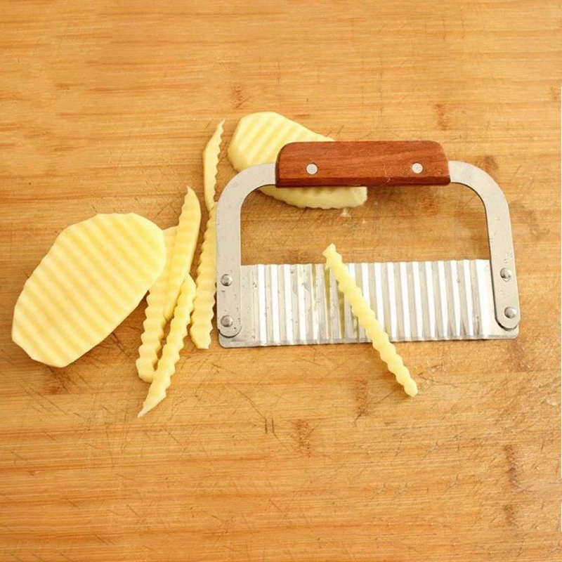 Stainless Steel Crinkle Cutting Tool Potatoes Chips Cutter Carrot Slicer With Wooden Handle Food Vegatable Cutting Knife