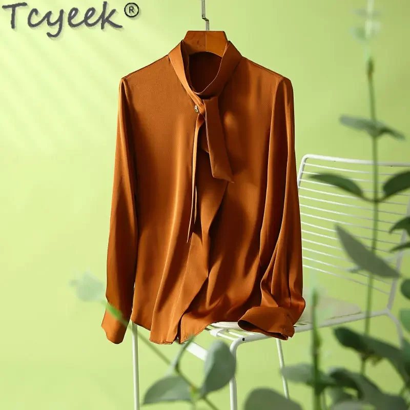 

Tcyeek Spring Fall 100% Real Silk Shirts Women's Elegant Blouse Fashion Ribbon Long Sleeve Top Women Casual Shirt Blusa Feminina