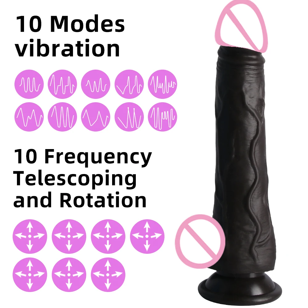 Thrusting Black Realistic Penis Dildo Male Dick Telescopic Rotating Heating G Spot Clitoral Anal Stimulation Vibrator Sex Toy