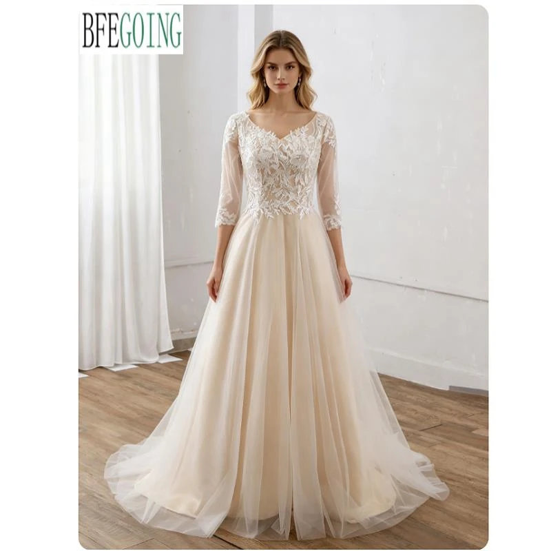 Lace Tulle A-Line Wedding Dresses Brush Train 3/4 Sleeves Floor-Length V-Neck Bridal Gowns