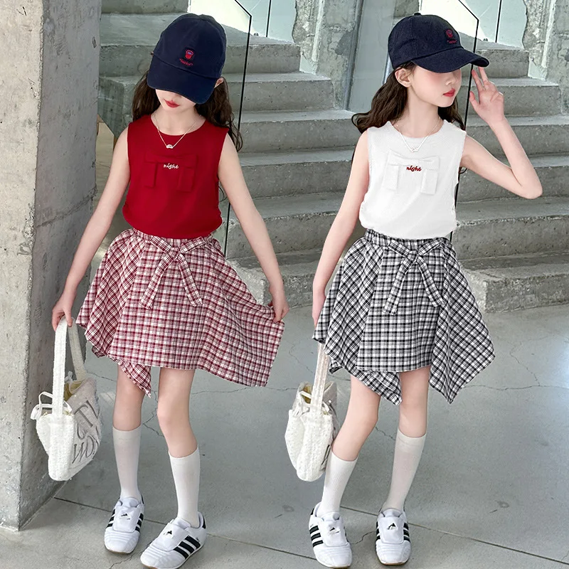 

Летняя одежда без рукавов для девочек, детский жилет + клетчатая юбка, костюмы из 2 предметов, комплект детской одежды для маленьких девочек, одежда для детей 3-12 лет