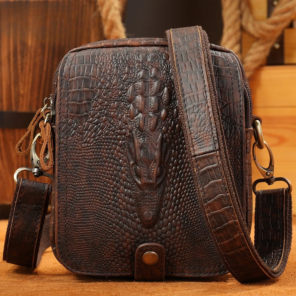 2026 Fashion Business Men's Genuine Leather Bag, New, Crocodile Pattern Shoulder Bag，small messenger bag