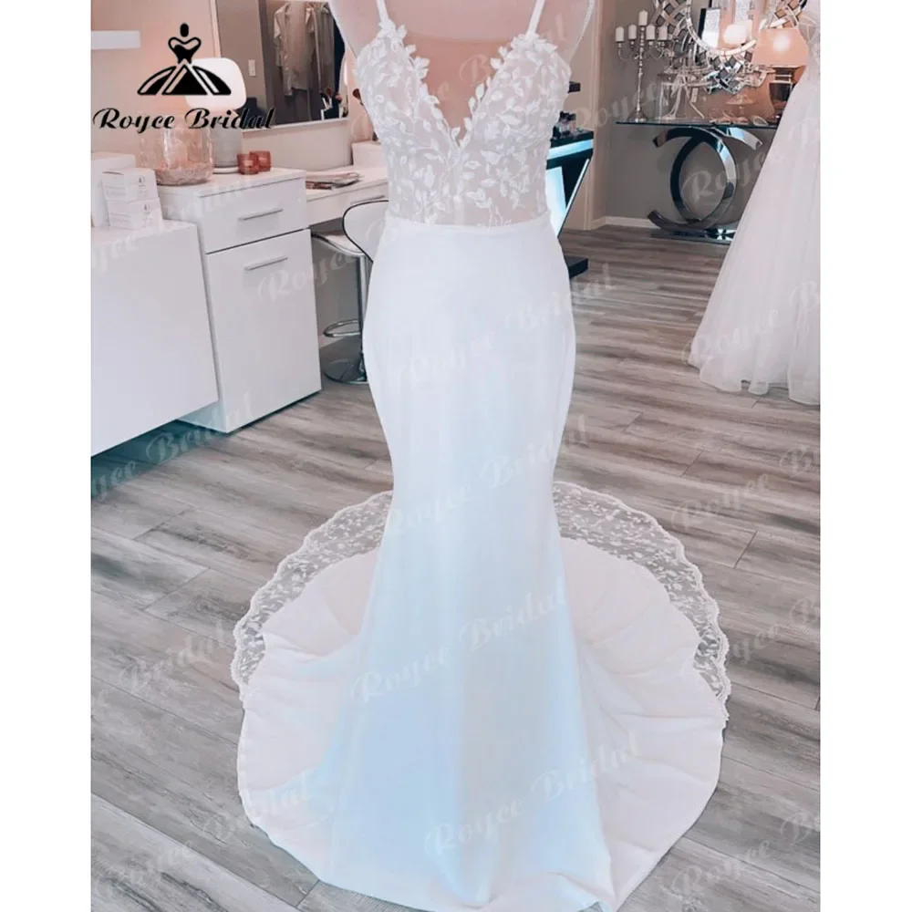 

Mermaid Boho Lace Soft Satin V Neck Baackless Wedding Dress 2025 Trumpet Spaghetti Straps Wedding Gown robe de soirée de mariage