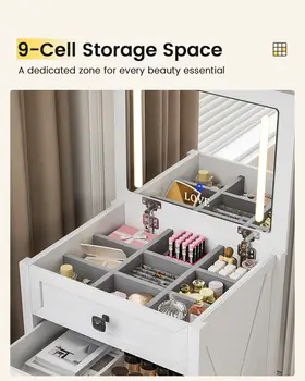 JDPAG 三合一農舍風格化妝台,小型化妝台,帶翻蓋化妝鏡和 LED 燈,緊湊型化妝桌,帶凳子 8 最佳銷售 小梳妝台 - №6