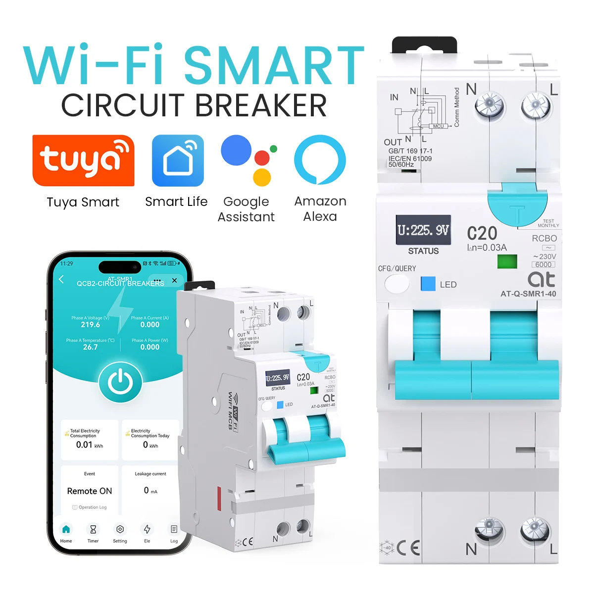 

Умный автоматический выключатель Tuya WiFi RCBO с LED-дисплеем, защитой от утечки тока и автоматическим отключением, с дистанционным управлением