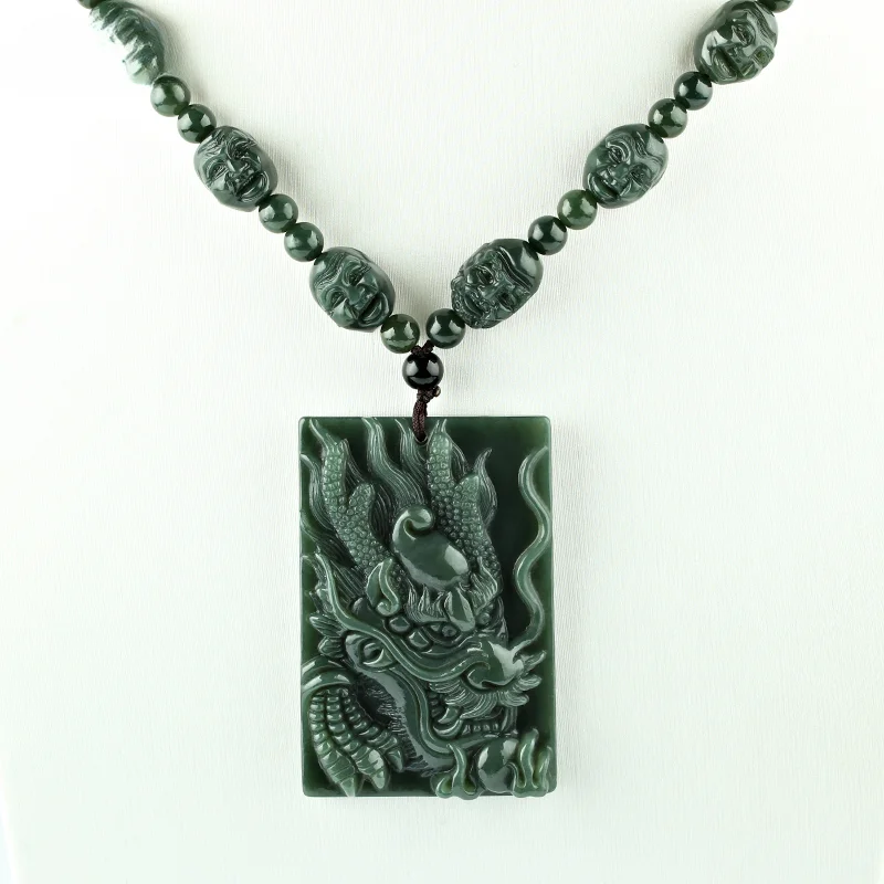 

Hand Carved Natural Hetian Jade Dragon Pendant Gray Jade the Eighteen Disciples of the Buddha Necklace Jade Dragon and Phoenix