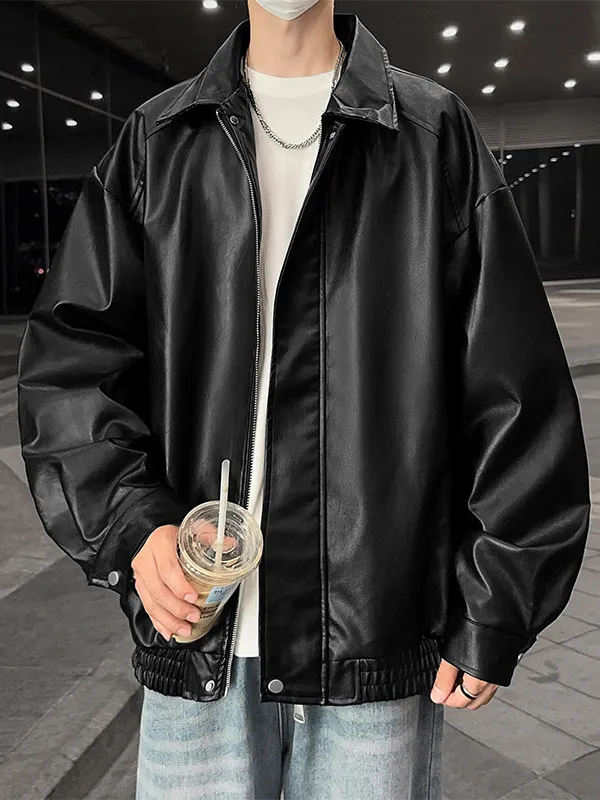 

Loose Fit Bla PU Leather Jaet Men's Faion Brand Haome High-End Feel Leather Coat Korean Sle Casual irt