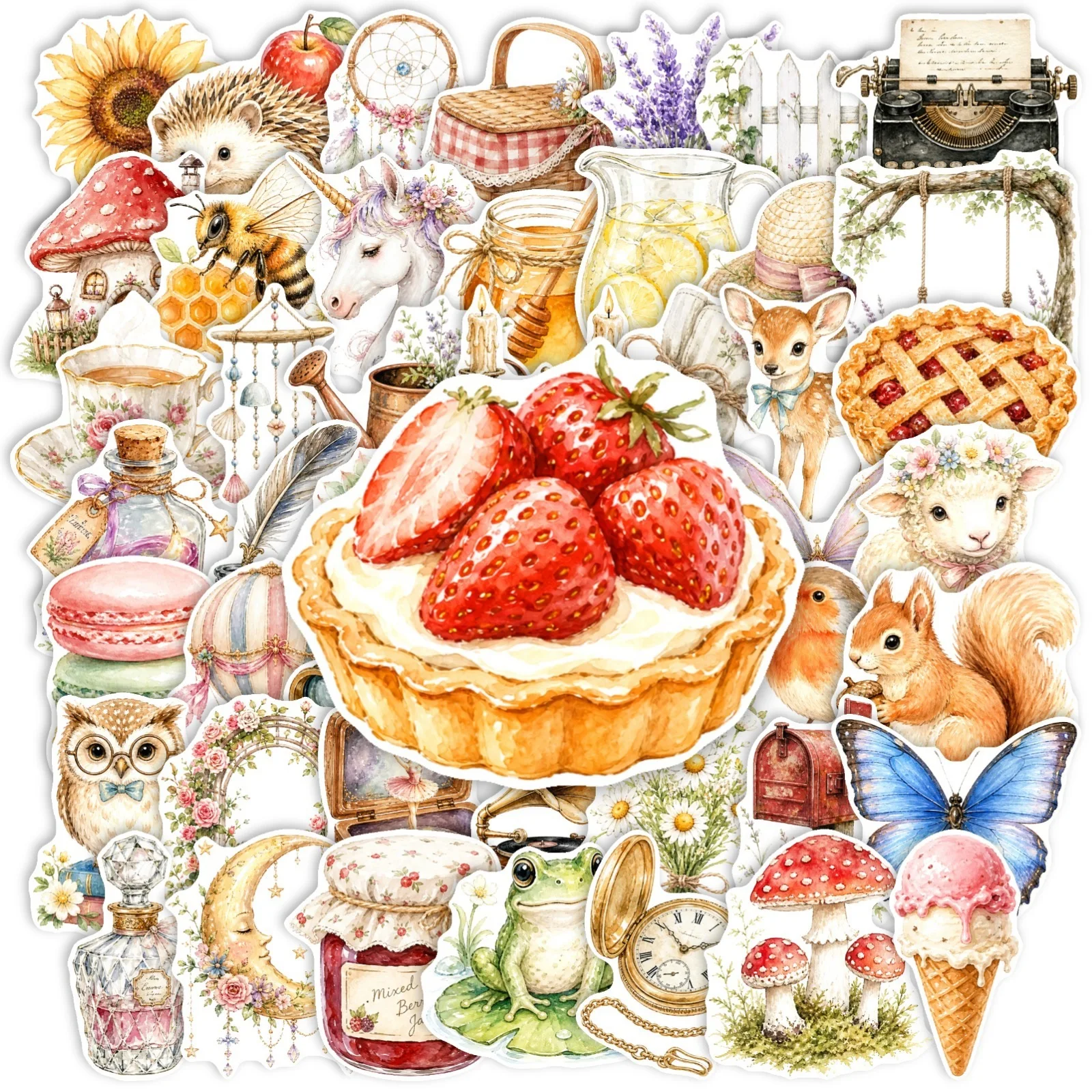 50Pcs Vintage Watercolor Rural Mix Stickers Forest Animal Butterfly Mushroom Dessert Waterproof Decals for Notebook Stationery