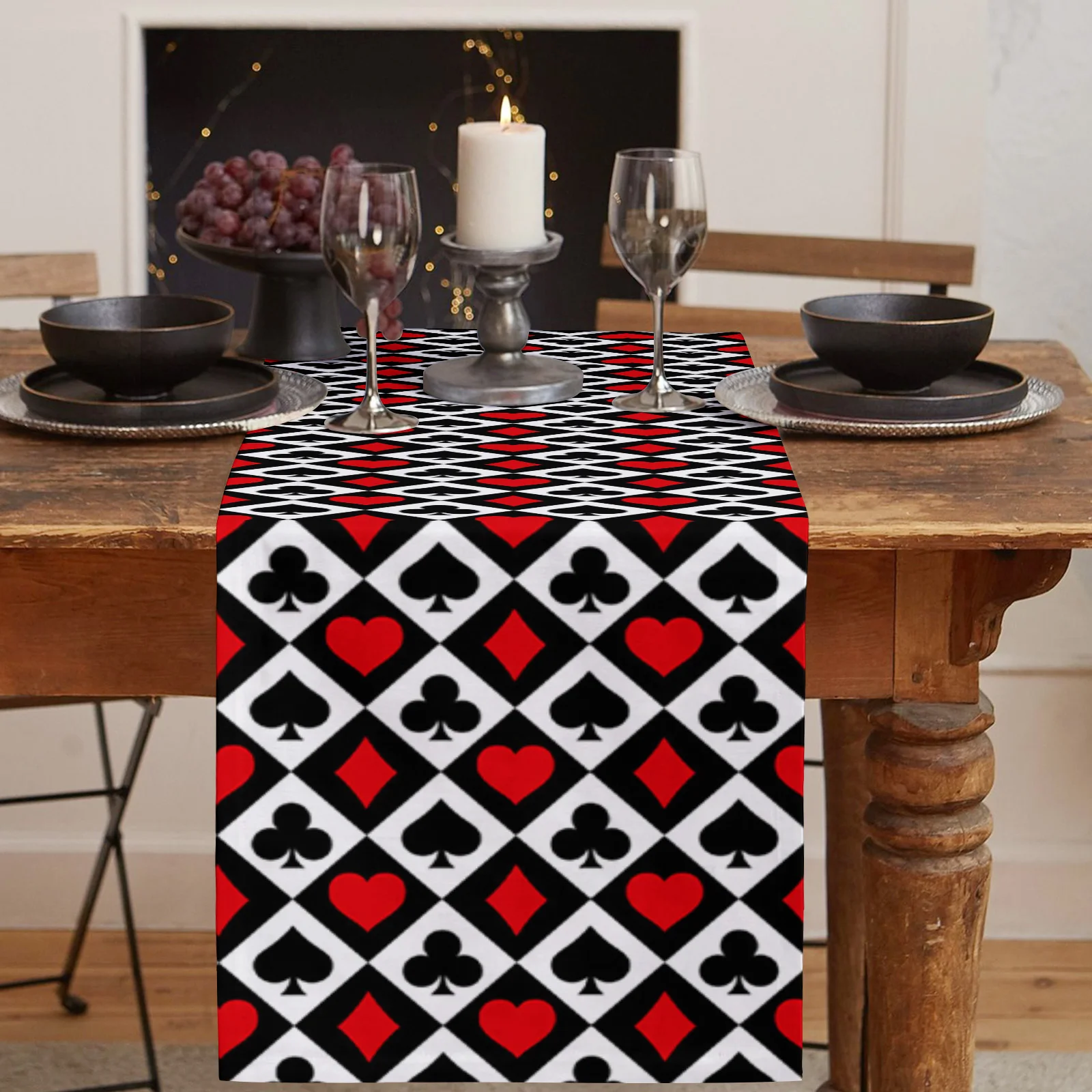 Poker Squares Spades Hearts Plaid Texture Linen Table Runner Kitchen Table Decoration Dining Tablecloth Wedding Party Decor