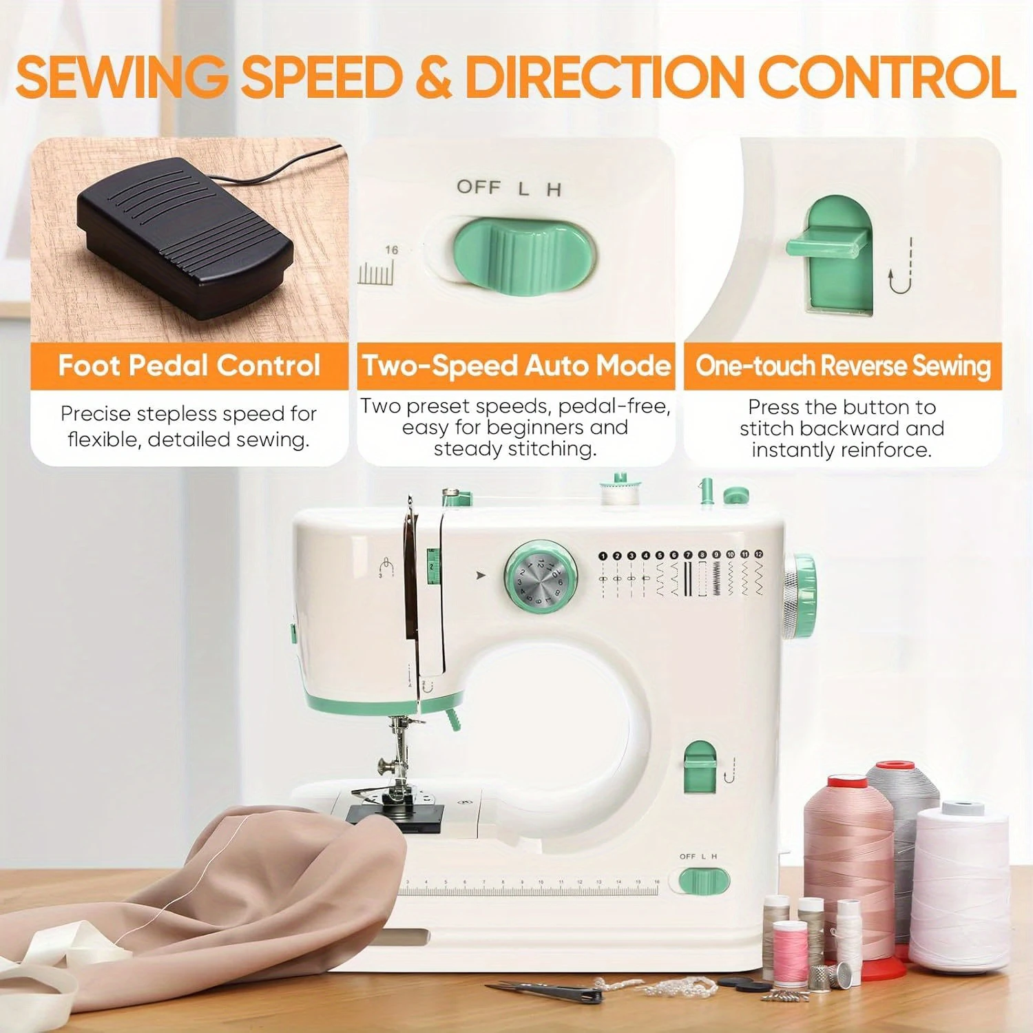 12 Kinds of Stitch Two-Speed Pedal Sewing Machine, Stable Sewing of Thick Materials, Convenient and Practical for Home Use.