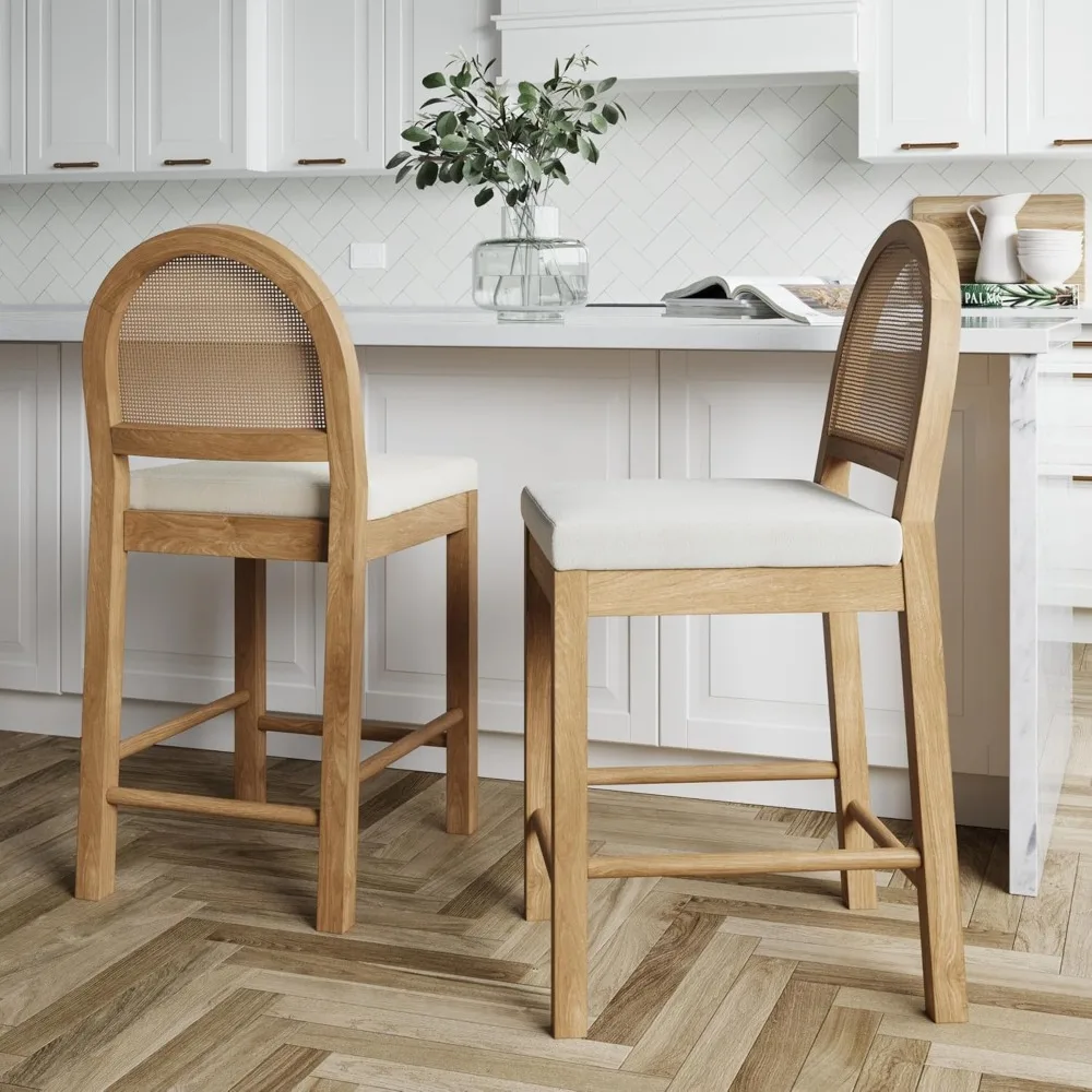 Gepolsterter Rattan-Barhocker, Thekenhöhenhocker mit natürlicher gewebter Rückenlehne für die Kücheninsel, Hellbraun/Creme-Boucle-Set 2er