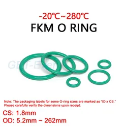 FKM Green Fluorine Rubber O Ring CS 1.8mm OD 5.2mm ~ 262mm O-Rings Sealing Gasket Washer Oil Resistant Acid & Alkali Resistant