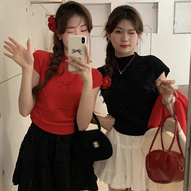 Youthful Woman Summer Outfit Casual Knitted Short-Sleeved Top Solid Color Bow Sweet Slim Fit Fashionable