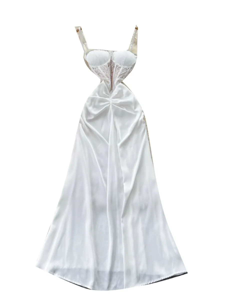 Foamlina rench pesado quente broca rendas retalhos cintura cinched fino ajuste elegante vestido longo chique luz luxo branco vestido de noite