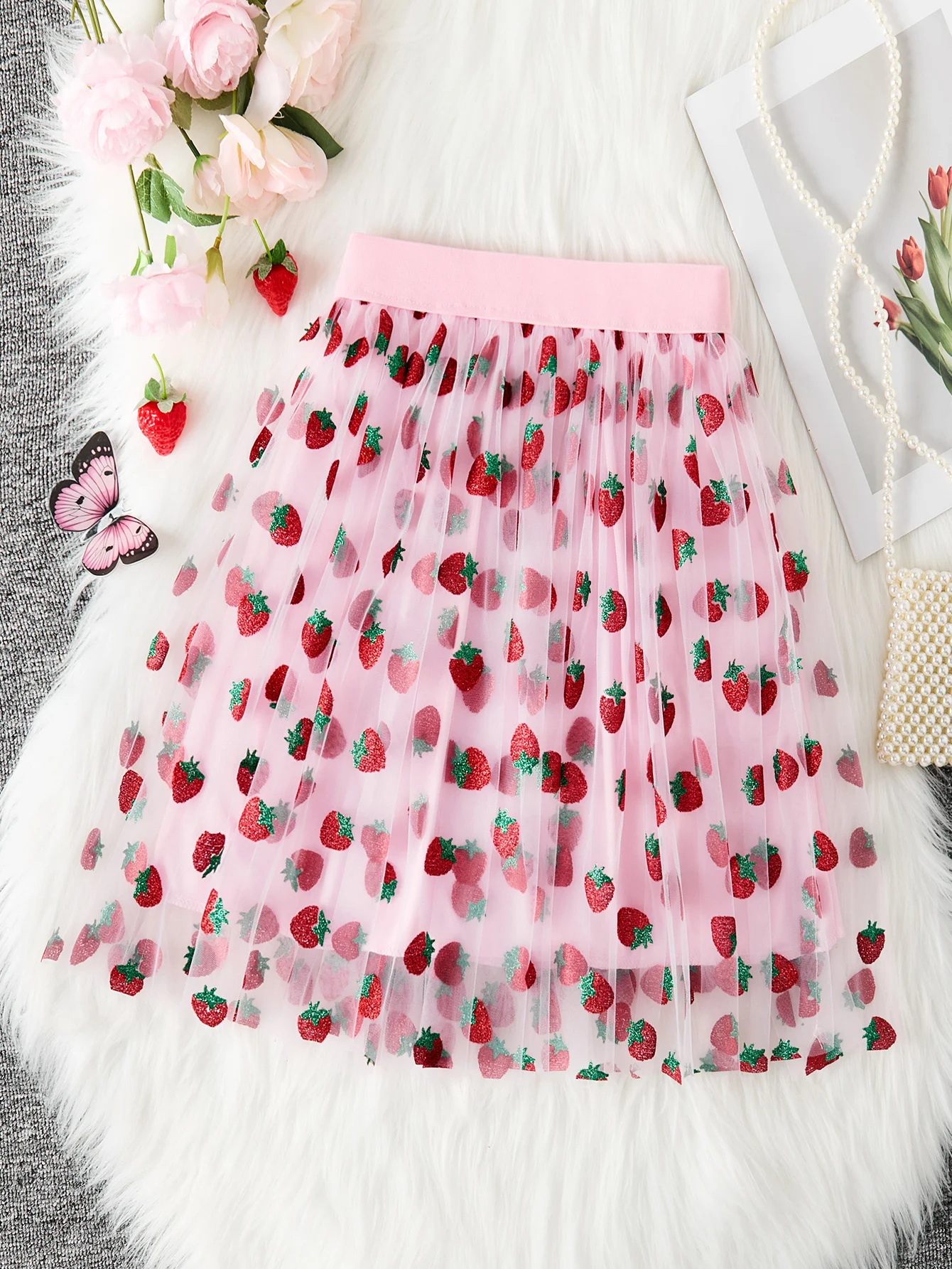 Pink Cute Strawberry Lace Midi Skirt, Princess Pink Lace Dress, Girl’s Lace Midi Skirt Pink Cute Strawberry Lace Midi Skirt, Princess Pink Lace Dress, Girl’s Lace Midi Skirt