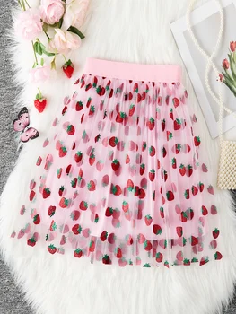 Pink Cute Strawberry Lace Midi Skirt, Princess Pink Lace Dress, Girl’s Lace Midi Skirt