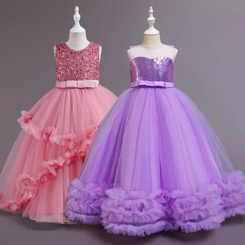 

Teenager Girls Piano Performance Baby Girls Birthday Party Dress Sequins Elegant Dresses Knot Evening Costume Vestidos 4 to 12Y