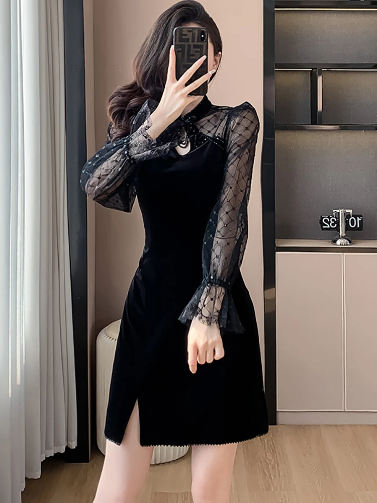 2024 nero Patchwork Mesh Sheer Sexy Mini abito donna elegante abito da sera da festa primavera autunno coreano Vintage Hepburn Vestidos