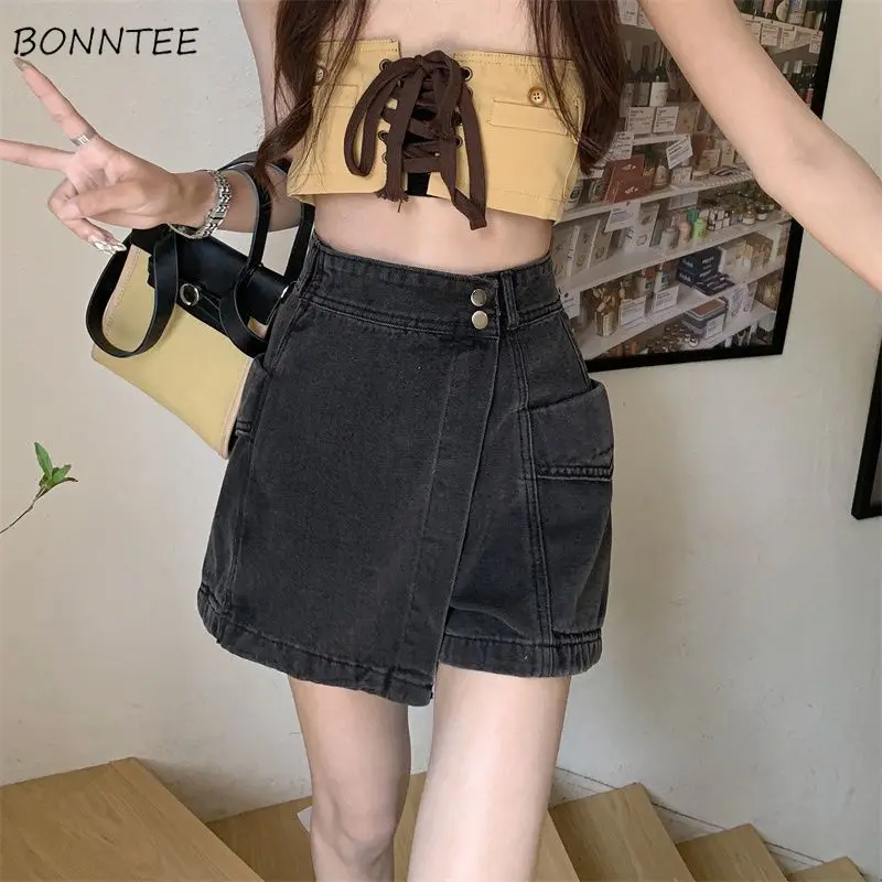 Black-gray Denim Mini Skirts Women Vintage High Waist Korean Fashion Summer Cargo Skirt Lovely Female Sexy Casual Street Wear