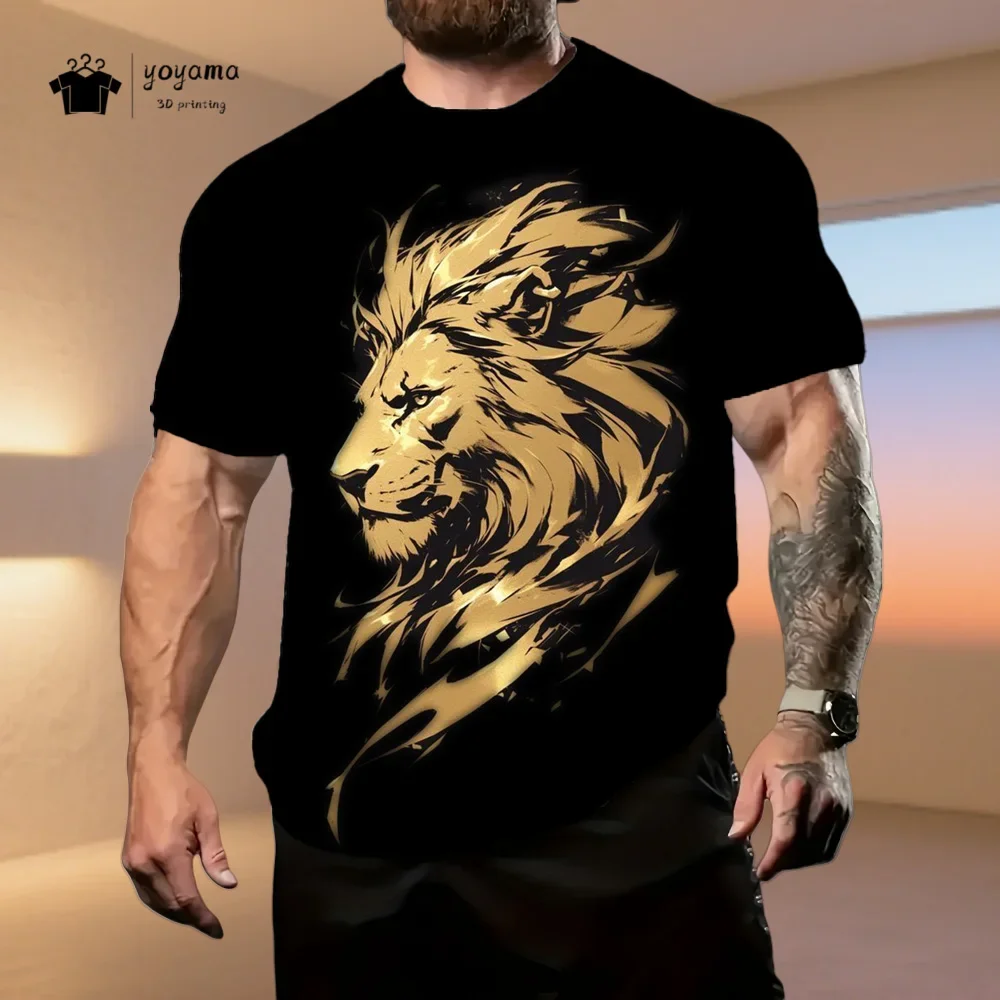 Men Golden Lion Graphic T‑Shirt Retro Gold Lion Head Print Short Sleeve Crew Neck Muscle Fit Gym Workout Streetwear Casual Tops
