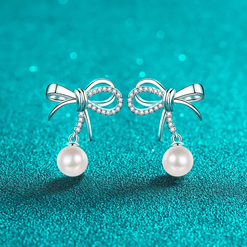 

0.21 Ct D Color Moissanite S925 Silver Drop Earring for Women Plated Pt950 Bowknot Pearl Ear Studs Lover Gift Jewelry Wholesale