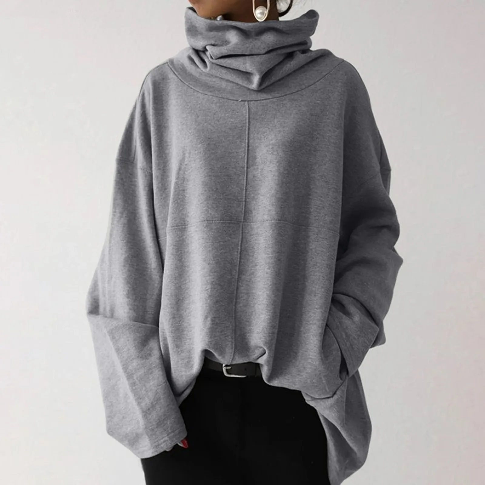 2024 Women Sweatshirt Black Turtleneck Long Sleeve Pockets Loose Hoodies Female New Autumn Trendy Casual Sweatshirt Pocket Top