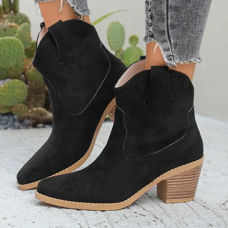 

Винтажные черные замшевые ковбойские сапоги в стиле вестерн, женские зимние ботильоны с острым носком на толстом высоком каблуке 2025, брендовые женские короткие ботильоны