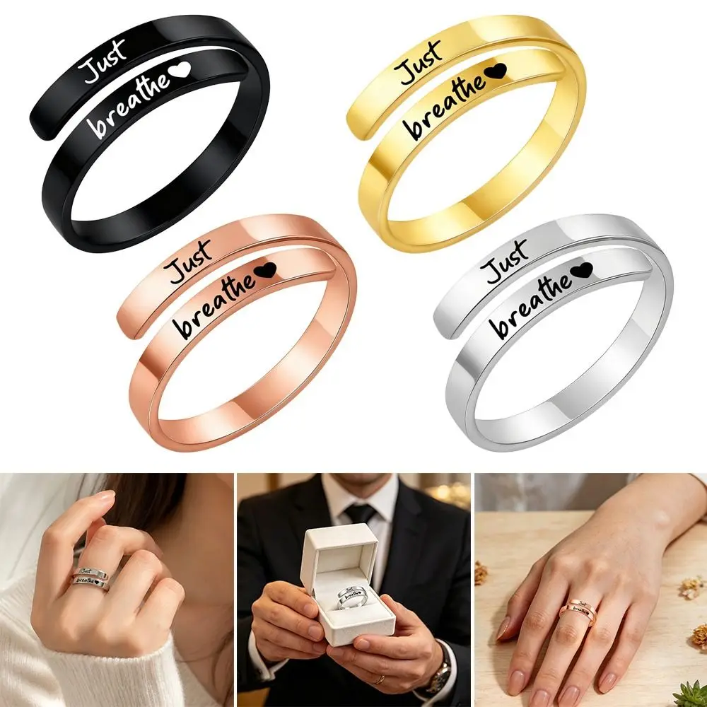 Stainless Steel Just Breathe Ring Chic Geometric with Message Card Spiral Wrap Inspirational Ring Minimalist Letter