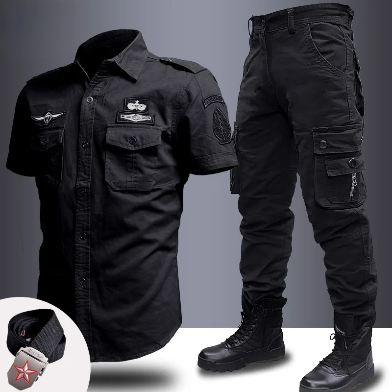 Military Set Men\'s Cotton Multi-Pockets Outdoor Loose Casual Shirts Wear-Resistant Pants+Belt Suits Tactical Work Uniforms Sets