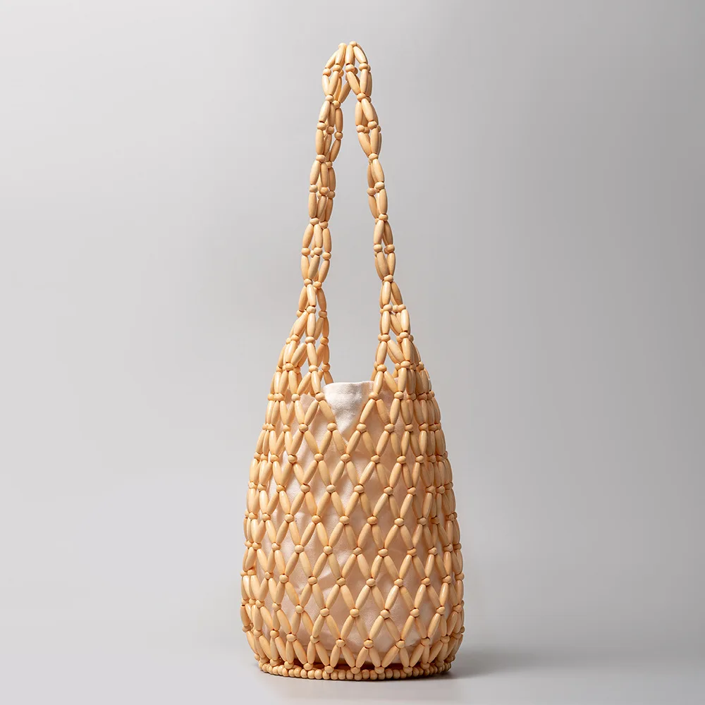 

Women Woven Hand Bag Summer Design Hollow-out Wooden Bead Tote Bucket Shoulder Bag Female Reticulate Netted Canvas Beach Handbag