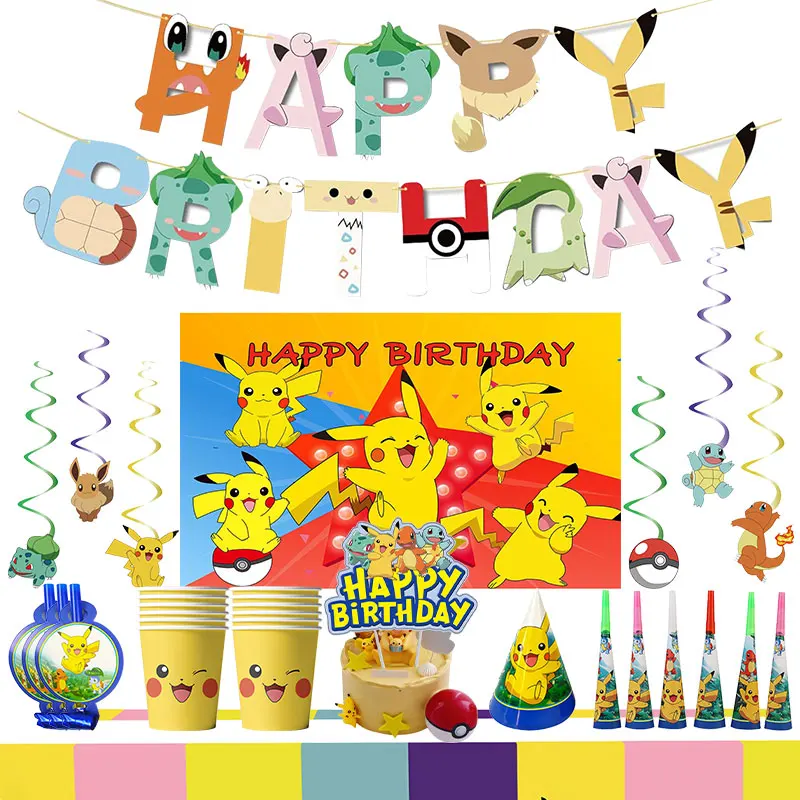 Pokemon Birthday Decoration Set Pikachu Balloons Plate Napkin Cups Tablecloth Banner Backdrop Decor for Boys Kids Party Supplies