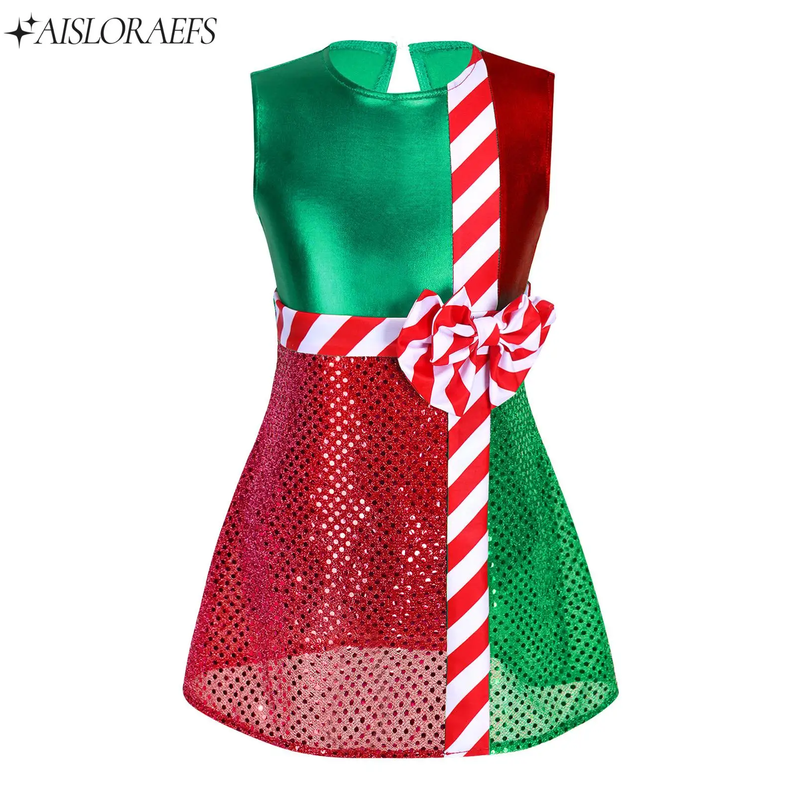

Girls Christmas Xmas Santa Claus Cosplay Costumes Sleeveless Striped Back Cutout Shiny Layer Skirt Jumpsuit Kids Fashion Clothes