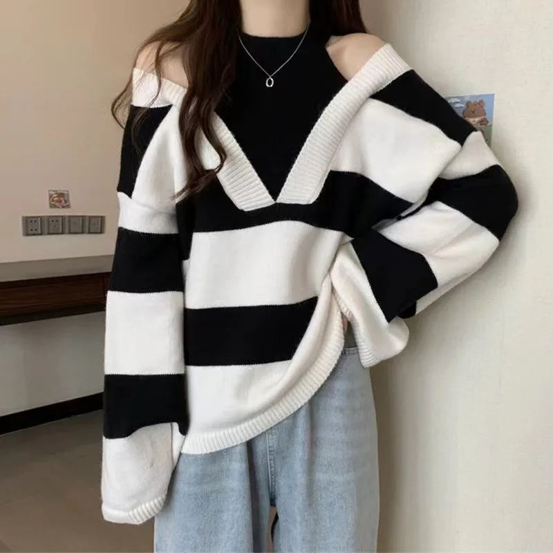 Fake Two-piece Hanging Neck Shoulder Loose Striped Knitted Women's Lazy Style Autumn and Winter New Pullover Sweater