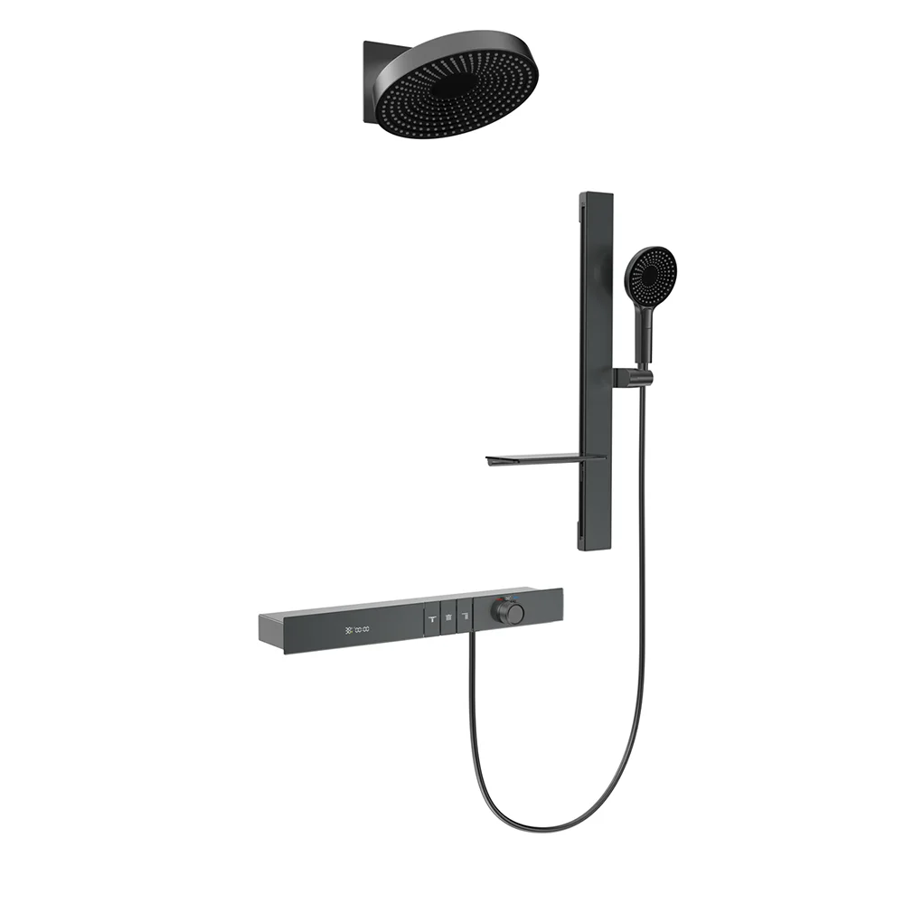 Matte Black Thermostatic Shower Faucets Sets Digital Display Three Functions Bathroom Waterfall Round Shower System