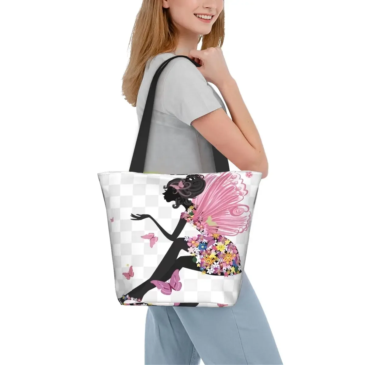 Kawaii Printed Flower Fairy Girl Shopping Tote Bags Portable Canvas Shopper Shoulder Handbag