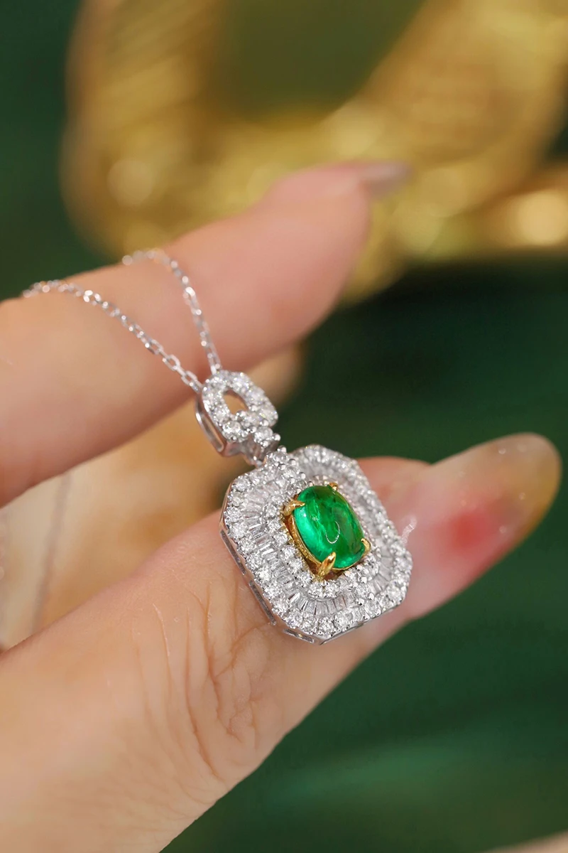 KUGG 100% 18K White Gold Necklace Luxury Square Design Luxury Diamond Natural Emerald Necklace for Women High Party Jewelry