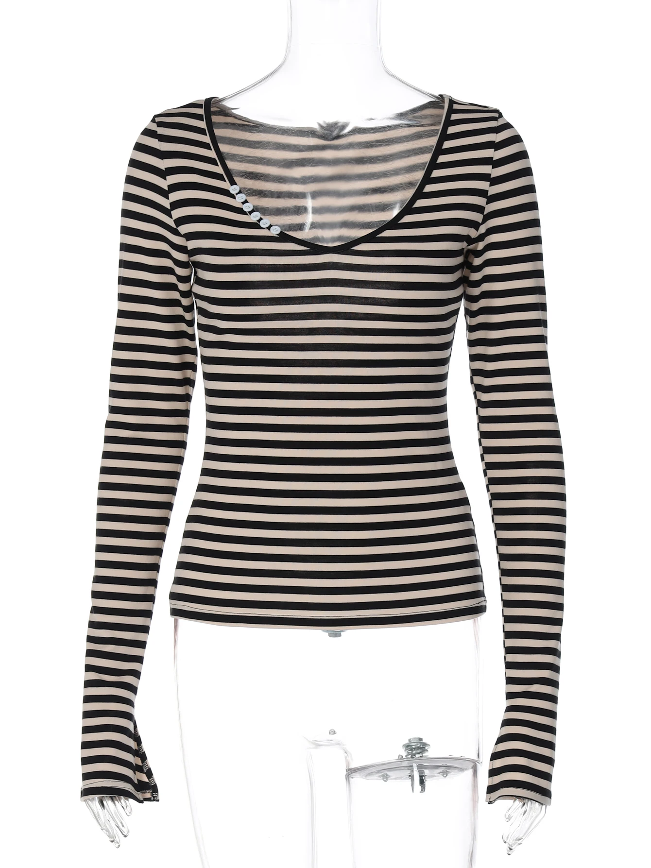 Dulzura الخريف موضة أنيقة U الرقبة طويلة الأكمام سليم صالح تي شيرت مخطط المرأة عادية تنوعا نادي الحفلات الشارع Y2K الزي